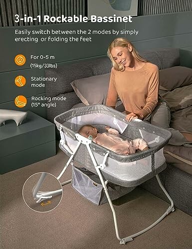 Woman using a 3-in-1 rockable bassinet with baby.