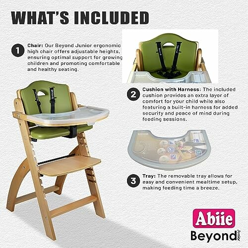 Abiie Beyond Junior high chair with cushion and tray features.