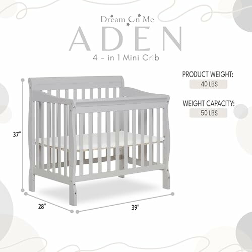 Aden 4-in-1 mini crib with dimensions and weight details