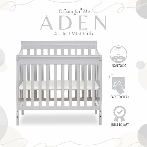 Aden 4-in-1 mini crib in gray with features: non-toxic, easy to clean, built to last.