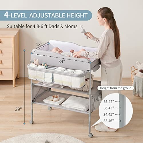 Parent adjusting height of baby bassinet with storage compartments.