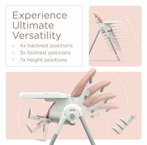 Adjustable high chair showing multiple backrest, footrest, and height positions.