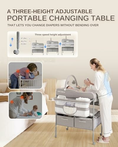 Three-height adjustable portable changing table for convenient diaper changing.