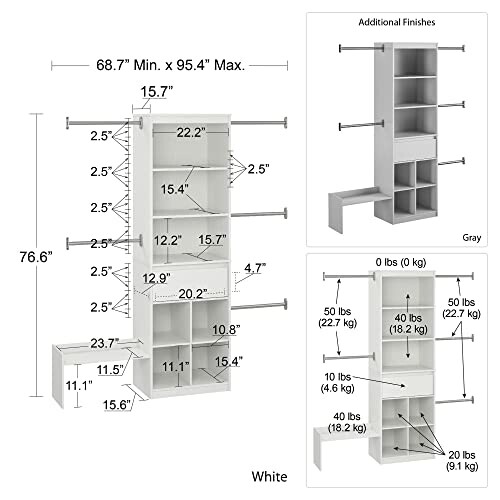 Diagram of an adjustable white shelving unit with dimensions and weight capacity.