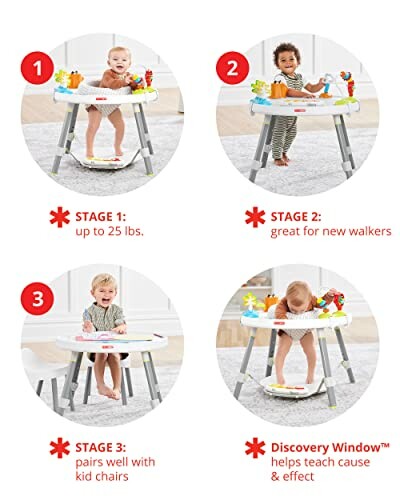 Four stages of a baby activity center for different developmental stages.