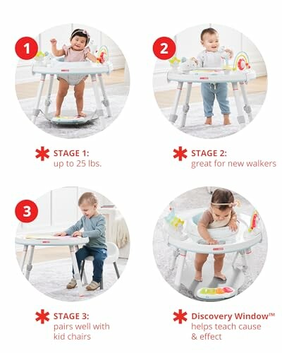 Baby activity center with three stages for different development phases.