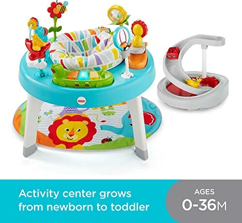 Colorful baby activity center with toys and interactive features.