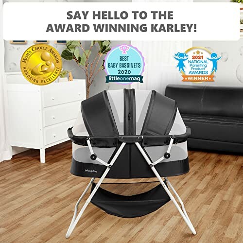 Award-winning baby bassinet with several accolades displayed.