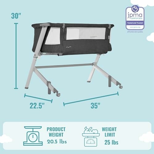 Baby bassinet with dimensions and weight details.