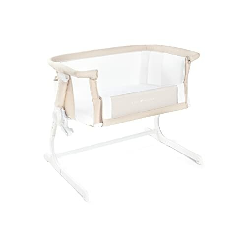 Baby bassinet with mesh sides and beige trim.