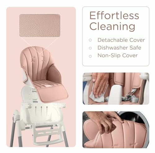 High chair with detachable cover, dishwasher safe, non-slip cover.