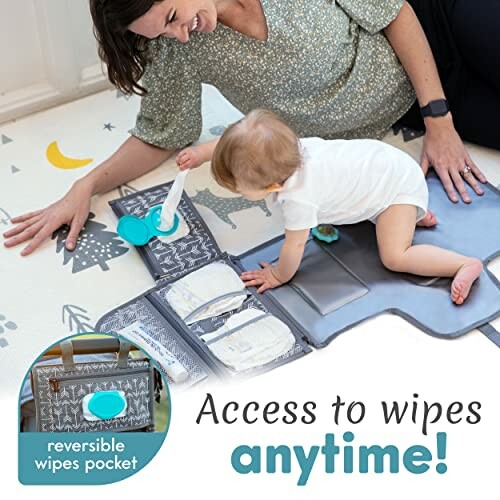 Baby on a changing mat with easy access to wipes.