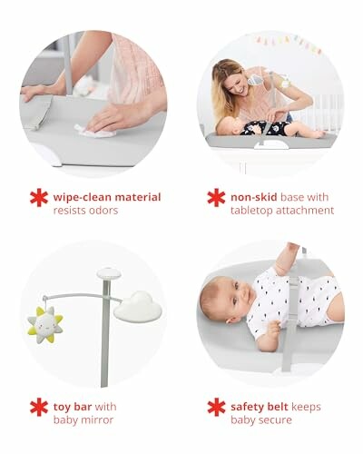 Four images showing baby changing pad features: wipe-clean material, non-skid base, toy bar with mirror, and safety belt.