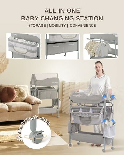 All-in-one baby changing station with storage, mobility, and convenience features.