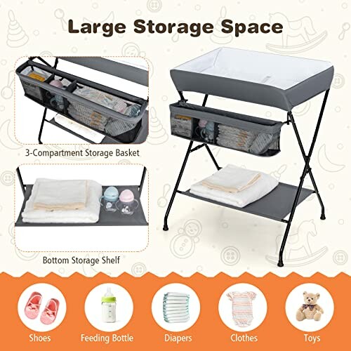 Baby changing table with large storage space, including a 3-compartment basket and bottom shelf.