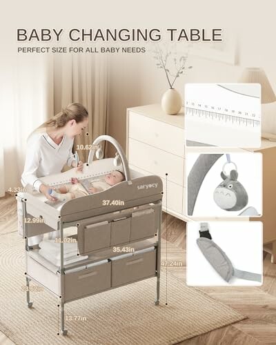 Baby changing table with storage and accessories, featuring a mother changing a baby.