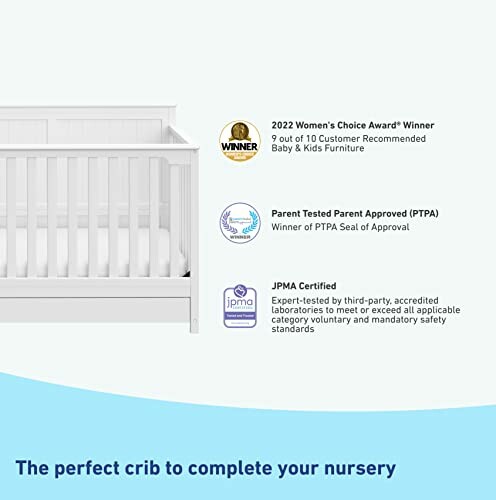 Baby crib with awards and certifications for safety and quality.