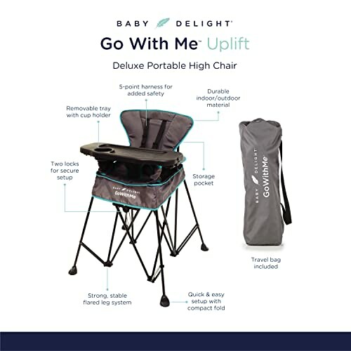 Baby Delight Uplift Deluxe Portable High Chair with 5-point harness, storage pocket, and travel bag.