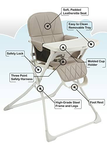 Baby high chair with padded seat, removable tray, safety lock, three-point harness, cup holder, steel frame, and footrest.