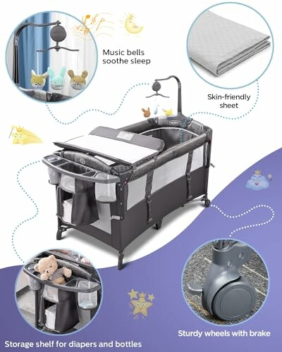 Infant playard with music bells, skin-friendly sheet, storage shelf, and sturdy wheels.