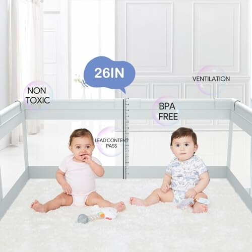 Two babies sitting in a safe, non-toxic playpen with BPA-free materials and ventilation.