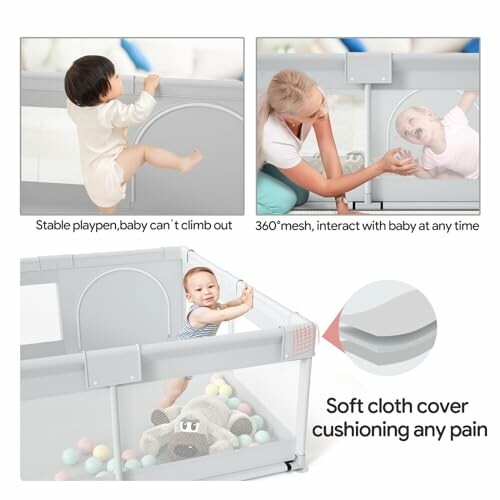 Baby playpen with soft cloth cover and 360-degree mesh design for safe interaction.