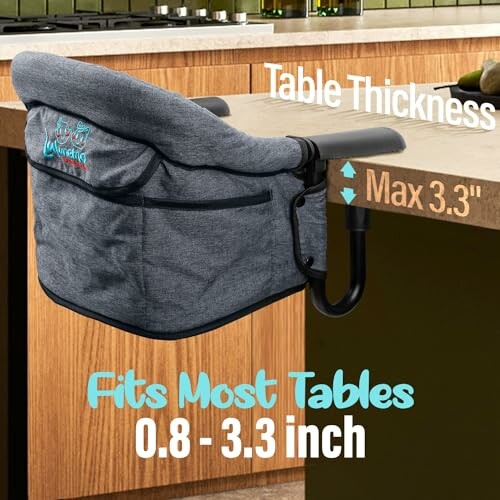 Clip-on high chair attached to a table, fits most tables from 0.8 to 3.3 inches thick.