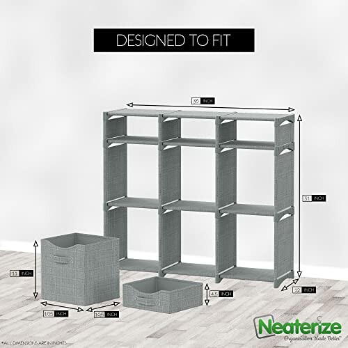 Gray closet organizer shelf system with labeled dimensions, featuring separate storage bins, by Neaterize.