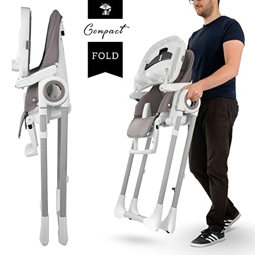 Man carrying a compact folding high chair in a folded state.