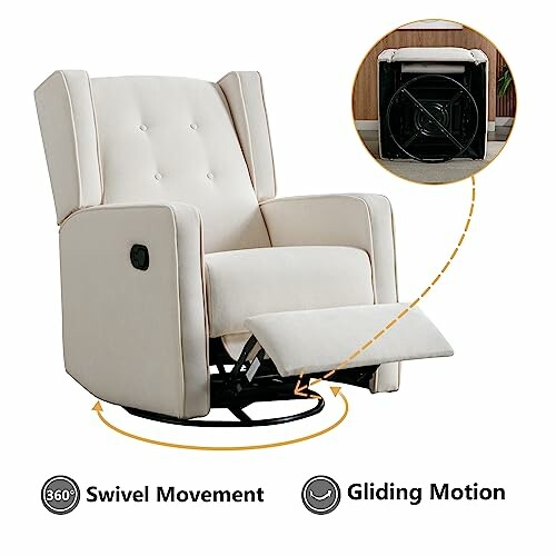 Cream swivel glider recliner with footrest and motion features