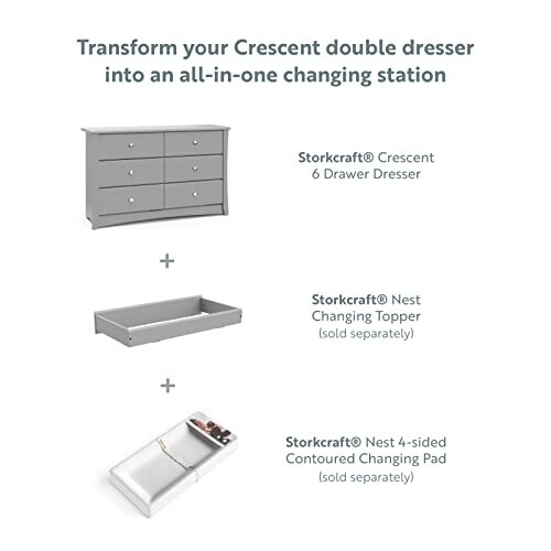 Crescent double dresser transformed into a changing station with topper and changing pad.