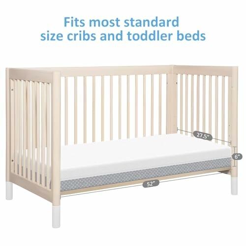 Crib mattress showing dimensions for standard cribs and toddler beds.