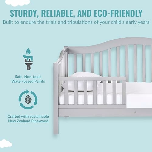 Gray child bed with eco-friendly features highlighted.