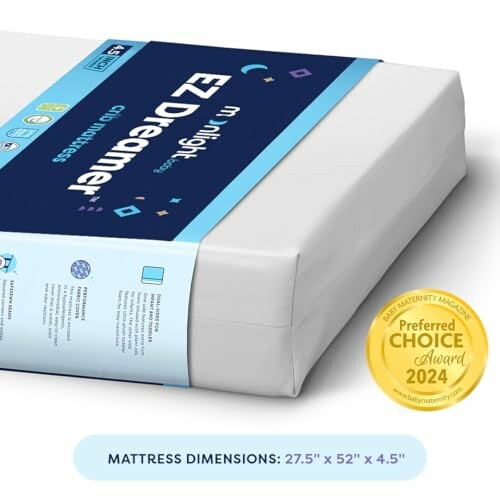 EZ Dreamer baby mattress with award badge and dimensions