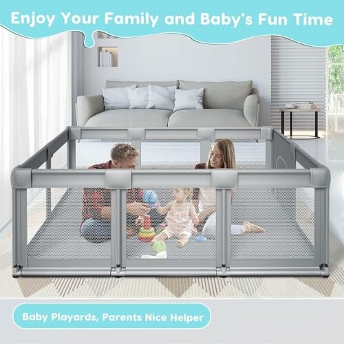 Family playing with baby in a large playpen at home