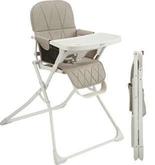 Foldable high chair with tray and padded seat.