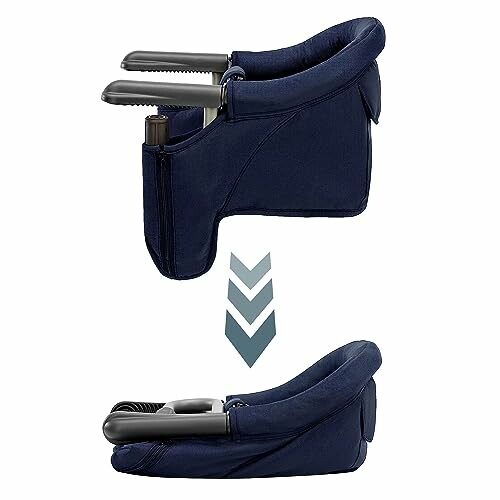 Foldable hook-on high chair with navy fabric and metal arms.