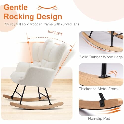 Gentle rocking chair design with solid wooden frame and curved legs.