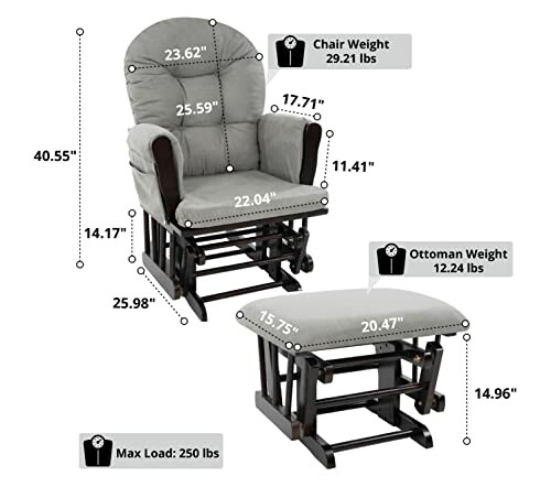 Glider chair and ottoman set with dimensions and weight details