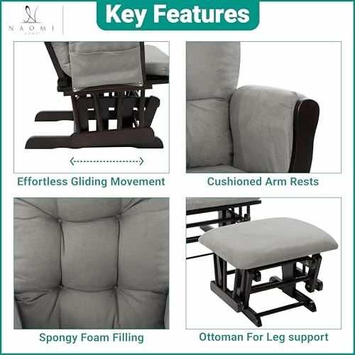 Glider chair features: effortless gliding, cushioned arm rests, spongy foam filling, ottoman for leg support