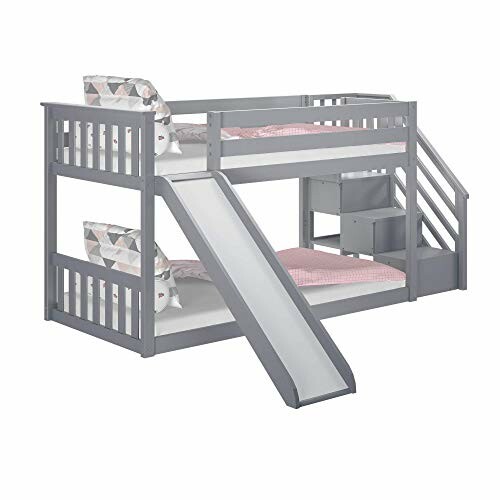 Gray bunk bed with slide and storage steps.