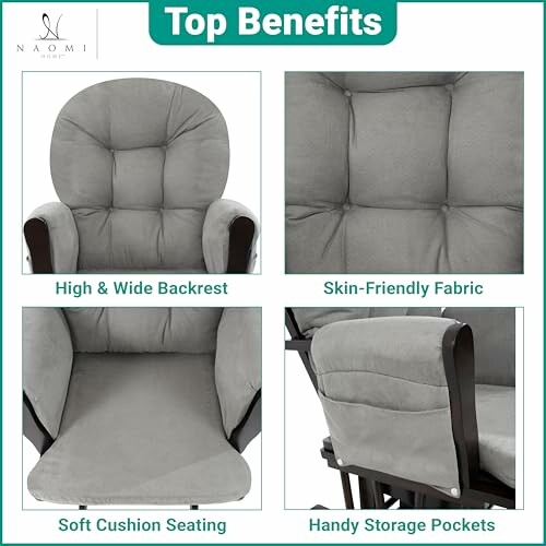 Gray recliner chair with high backrest, soft cushion, skin-friendly fabric, and storage pockets