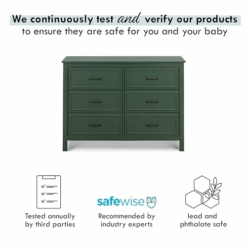 Green dresser with safety certification icons and text.