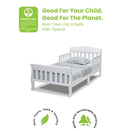 Greenguard certified white kids' bed with safety and sustainability icons.