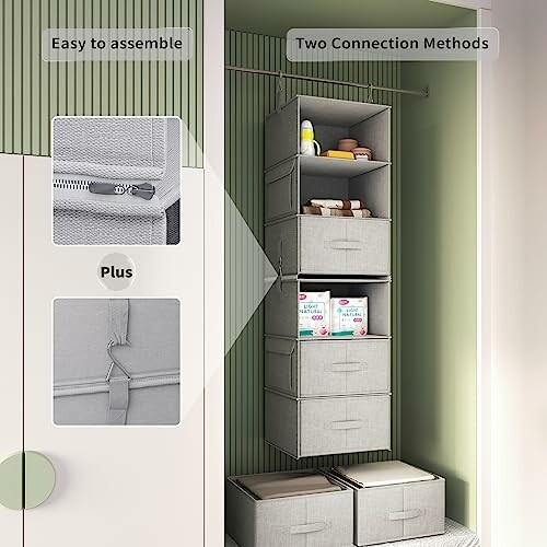 Hanging storage organizer with shelves and bins in a closet.