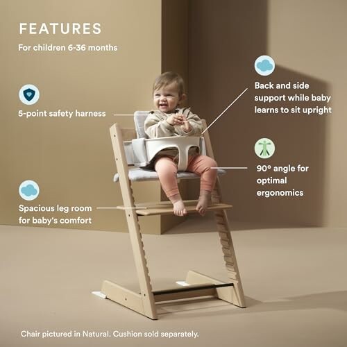 High chair for children with safety harness and ergonomic design.