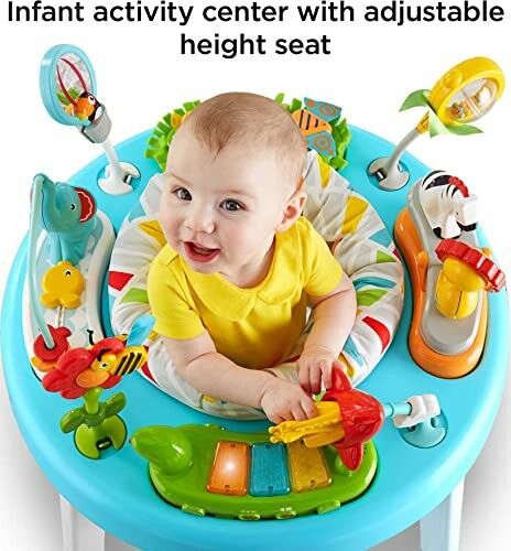 Baby in a colorful activity center with toys