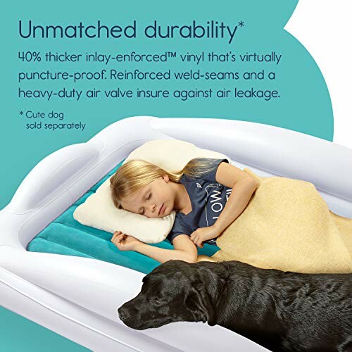 Child sleeping on inflatable bed with a dog beside.