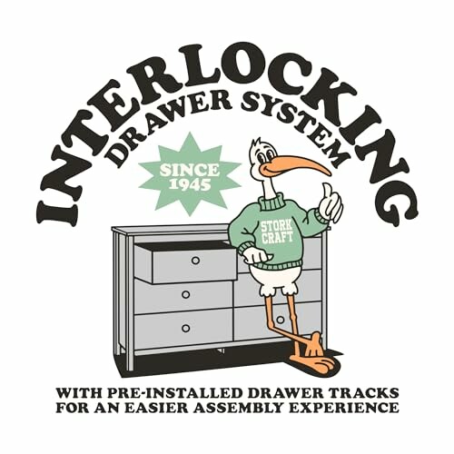 Cartoon stork promoting interlocking drawer system with dresser.