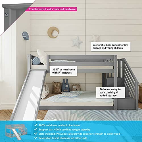 Kids bunk bed with slide and staircase, ideal for low ceilings.